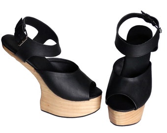 S1: Heelless Shoes / Lady Gaga style Carved Wooden Shoes / Sculpted Wood Platform Wedge Mule Sandal / High Heels Wood Clogs Genuine Leather