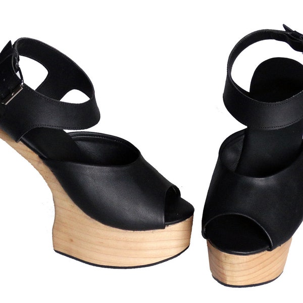 S1: Heelless Shoes / Lady Gaga style Carved Wooden Shoes / Sculpted Wood Platform Wedge Mule Sandal / High Heels Wood Clogs Genuine Leather