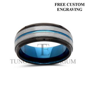 Tungsten Carbide Ring Brushed Grey & Black Single Blue Inlay Layered Edge Comfort Fit Wedding Band Mens Womens Jewelry 8mm or 6mm