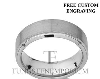 Tungsten Carbide Ring Brushed & Polished White Gold Layered Edge Comfort Fit Wedding Band Mens Womens Jewelry 8mm or 6mm