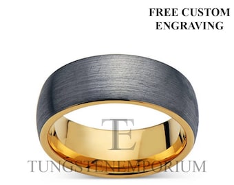 Tungsten Carbide Ring Brushed Gray With Yellow Gold Inner Wall Comfort Fit Wedding Band Mens Womens Jewelry 8mm or 6mm