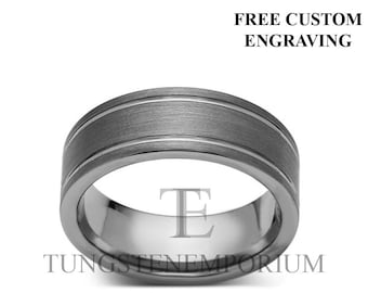 Tungsten Carbide Ring Straight Edge White Gold With Brushed Gray Dual Inlay Style Comfort Fit Wedding Band Mens Womens Jewelry 8mm or 6mm