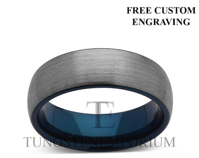 Tungsten Carbide Ring Brushed Gray With Midnight Blue Inner Wall 