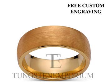 Tungsten Carbide Ring Brushed Yellow Gold Tone Domed Classic Style Comfort Fit Wedding Band Mens Womens Jewelry 8mm or 6mm