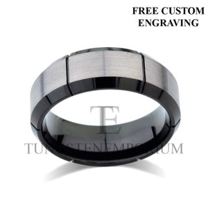 Tungsten Carbide Ring Angled Edge Polished Black Sectioned Brushed Grey Comfort Fit Wedding Band Mens Womens Jewelry 8mm or 6mm