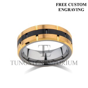 Tungsten Carbide Ring Angled Edge Polished Grey Sectioned Yellow Gold Black Stripe Comfort Fit Wedding Band Mens Womens Jewelry 8mm or 6mm