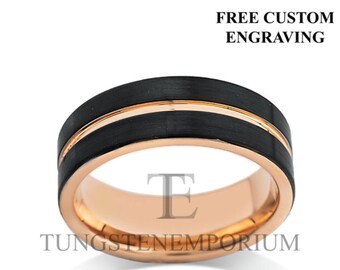 Tungsten Carbide Ring Brushed Black Single Inlay Rose Gold Inner Wall Straight Cut Style Comfort Fit Wedding Band Mens Womens Jewelry 8mm