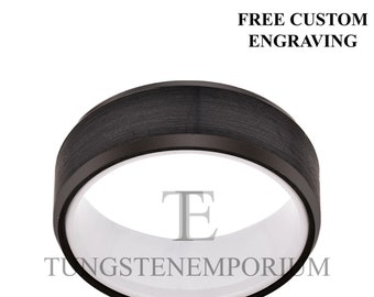 Tungsten Carbide Ring Angled Edge Brushed Black White Inner Wall Comfort Fit Wedding Band Mens Womens Jewelry 8mm