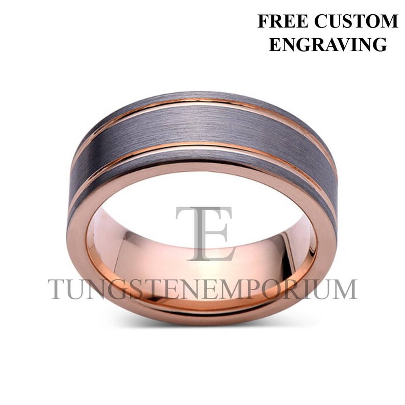 Tungsten Carbide Ring Straight Edge Rose Gold With Brushed Gray Dual Inlay Style Comfort Fit Wedding Band Mens Womens Jewelry 8mm or 6mm image 1