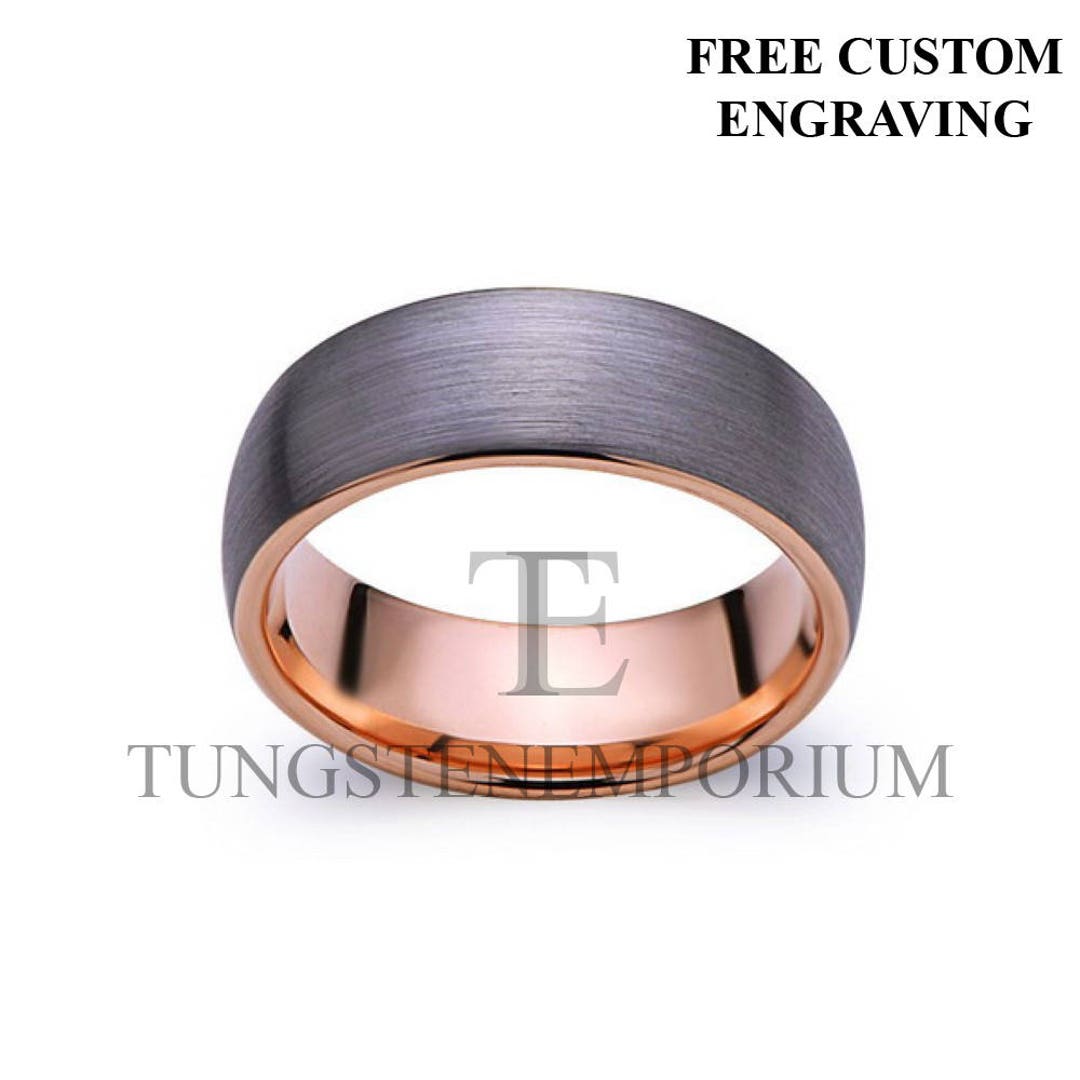 Tungsten Carbide Ring Brushed Gray With Rose Gold Inner Wall Comfort 