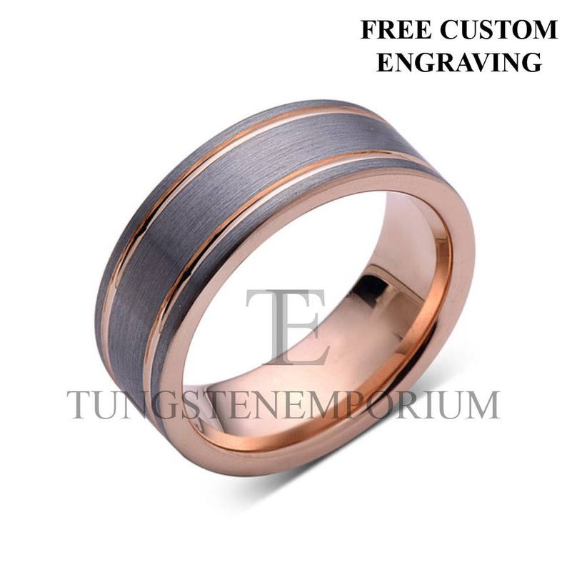 Tungsten Carbide Ring Straight Edge Rose Gold With Brushed Gray Dual Inlay Style Comfort Fit Wedding Band Mens Womens Jewelry 8mm or 6mm image 2