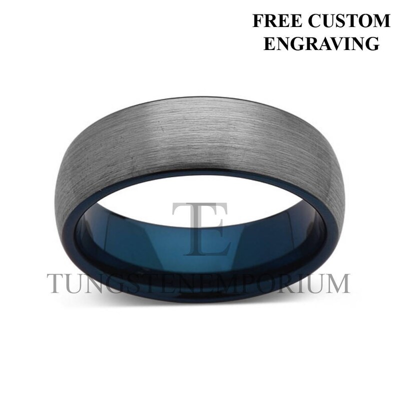 Tungsten Regular store Virginia Beach Mall Carbide Ring Brushed Gray Midnight Wall With Inner Blue