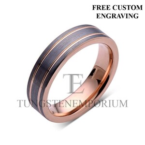 Tungsten Carbide Ring Straight Edge Rose Gold With Brushed Gray Dual Inlay Style Comfort Fit Wedding Band Mens Womens Jewelry 8mm or 6mm image 3
