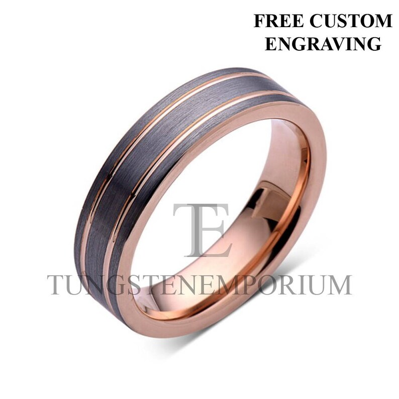 Tungsten Carbide Ring Straight Edge Rose Gold With Brushed Gray Dual Inlay Style Comfort Fit Wedding Band Mens Womens Jewelry 8mm or 6mm image 3