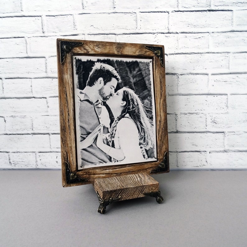 6th Wedding Anniversary Gift Etched RARE Pyrography Handmade Technique by Artists on Real Leather Your Photo Hand Engraved