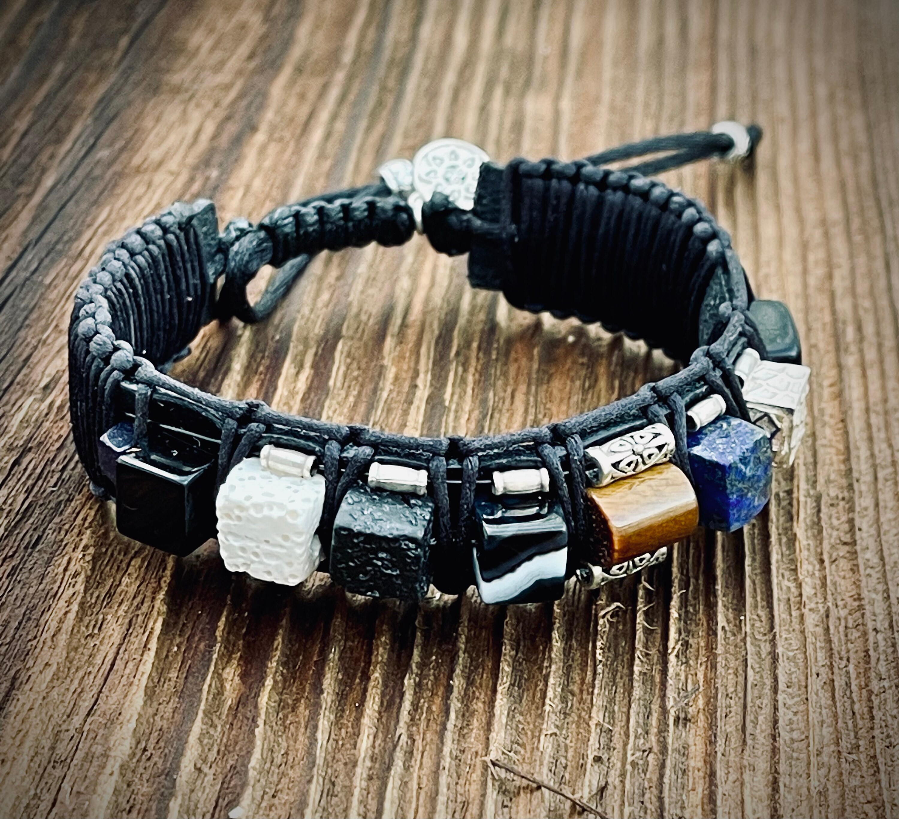 Mens Leather Braided Bracelet with Onyx gemstone/Wide Black Etsy
