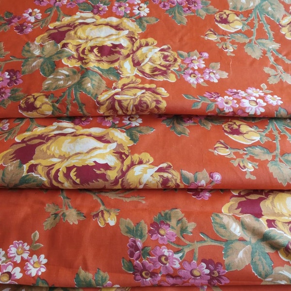 Orange Floral Imprimé Russe Rouleau Tissu vintage.