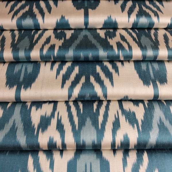 Uzbekistan handwoven Blue Soft Pure Silk ikat fabric.