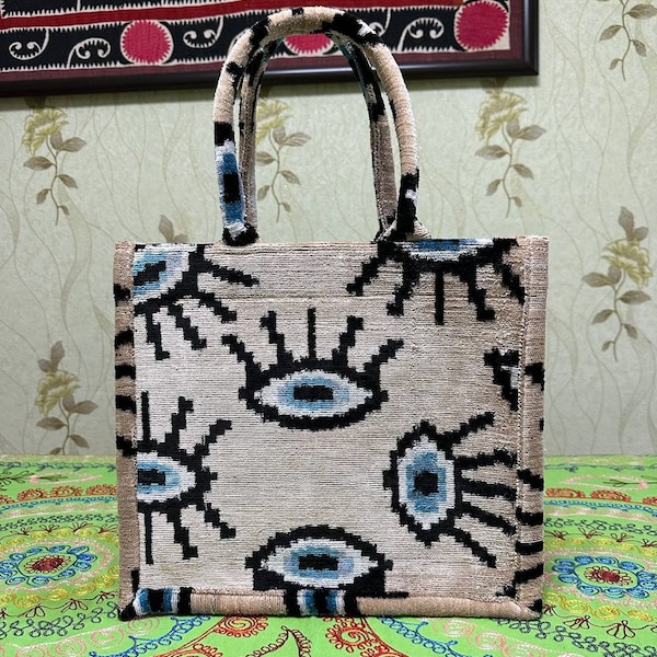 15x13 inches Handwoven Silk Velvet Large Ikat Tote Bag,Eye Design Cream  Antique Silk Ikat Tote Bag,Velvet Tote Bag.