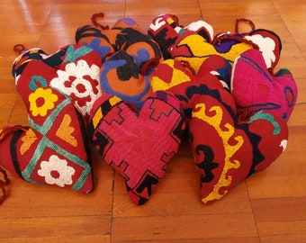 A set of 6 Uzbek Hand Embroidery Christmas Heart Ornaments  ,Colorful Suzani Needle work Embroidery Heart Holiday Ornaments
