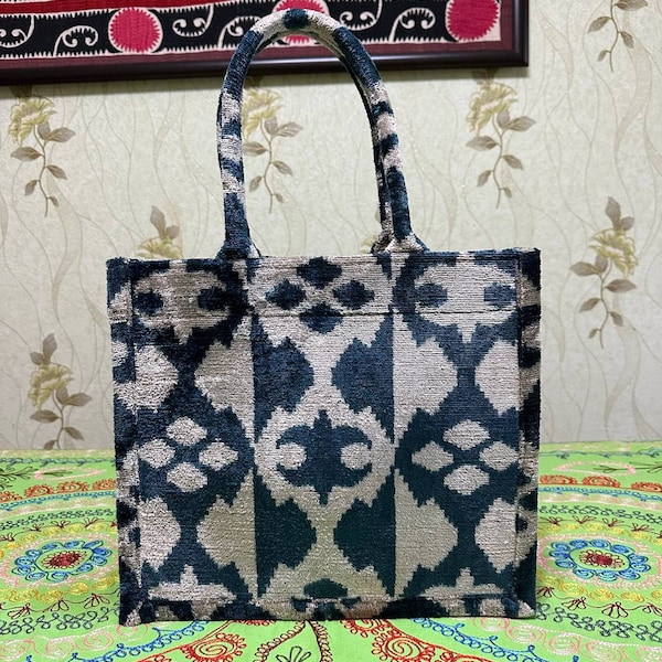 15x13inches Silk Velvet tote ba,Grey ikat tote,Velvet large Jute Tote,handmade Ikat Tote Bag.