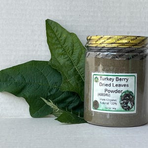 May include: A clear glass jar filled with Turkey Berry Dried Leaves Powder, with a green and white label. The jar is next to large green leaves. The label reads "Pure Organic Natural 100%."