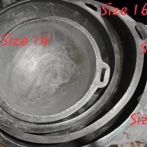 West African Traditional Hand-made Cast frying Pan Sizes 14,16 18 and 20.