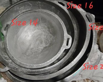West African Traditional Hand-made Cast frying Pan Sizes 14,16 18 and 20.