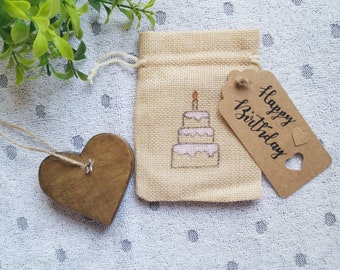 Letterbox Gift Solid Wood keepsake Heart in Birthday Cake Treat Gift Bag, pink cake, birthday gift, thinking of you, happy Birthday