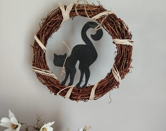 Autumn decor, Halloween wreath, black cat spooky decorations