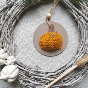 Pu&ograve; includere: Un ornamento a forma di zucca arancione lavorato a uncinetto appeso a una ghirlanda di rami bianchi con una scopa marrone e beige in primo piano.