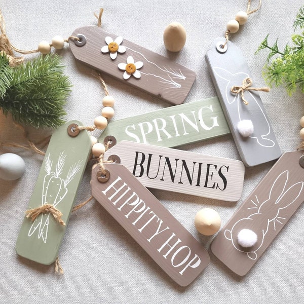 Wooden Easter Tags, Easter signs, spring decor, tiered tray accessories, Monochrome, wooden Hanging tags,