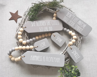 Wooden Tags, positivity quotes, hanging beads, tiered tray decor