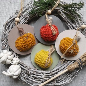 Pu&ograve; includere: Quattro ornamenti di zucca a maglia in colori arancio, giallo e marrone sono esposti su una ghirlanda fatta di ramoscelli. Ogni zucca ha un fiocco di spago e un piccolo abbellimento a forma di stella o perla.