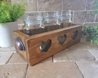 Kitchen storage Crate, Tea coffee sugar cannisters, wooden holder, wooden jar storage, kitchen accessories