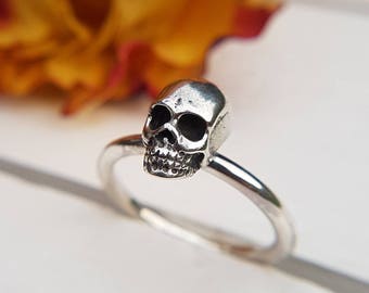 Mini solid silver skull ring, Alternative Jewellery, Small oxidised skull, Skull jewellery, Skull Jewelry, Biker girl ring, Recycled Silver