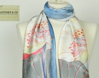 Women&#39;s Scarves, Pastel Blue Lotus Floral Design Scarf, Ladies Scarf, Women&#39;s Accessories, Floral Scarf, Gifts for Her, Silk Feeling Scarf