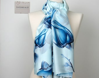 Women’s Silk Scarf – Blue Floral Print, Large Lightweight Scarf, Spring Summer Fashion Accessory, Elegant Ladies Wrap, Gift for Her