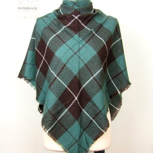 Mint and Brown Plaid Scarf, Winter Scarf, Large Triangle Plaid Scarf, Plaid Shawl, Wool Scarf, Women&#39;s Scarf, Ladies Gifts