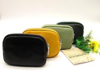 Monedero de piel con cremallera y llavero - Colores pastel