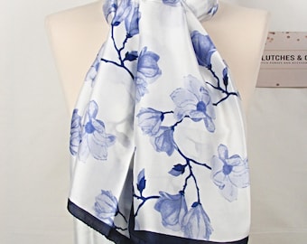 Women&#39;s Silk Scarf – White and Navy Floral Print,  Ladies Scarf, Elegant Silk Wrap, Gifts for Her, Women&#39;s Accessories, Floral Scarf