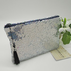 Bolsa de mão com zíper brilhante, bolsa de mão com zíper reversível de lantejoulas, bolsa de mão grande para a noite, bolsa com holograma iridescente, bolsa com borla
