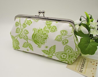 Floral Clutch Purse: Handmade White & Lime Green Cotton Wedding Bag