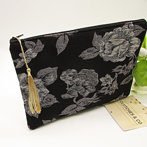 Bolsa de mão com zíper para senhoras, bolsa de mão com zíper com design floral preto e cinza, bolsa grande para noite, bolsa de mão com zíper floral jacquard com borla