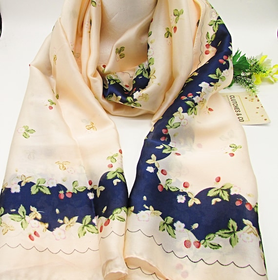 Pastel Peach & Navy Floral Silk Scarf: Elegant Ladies Scarf  display picture 2