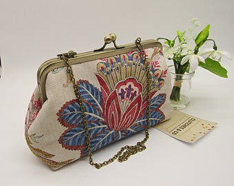 Handmade Floral Linen Clutch Purse: Wedding Bag with Chain Handle