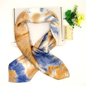 Ladies Neck Scarf, Abstract Design Scarf, Brown and Blue Scarf, 70 x 70 cm Scarf, Silky Satin Scarf, Women's Scarf, Ladies Gifts, Headscarf