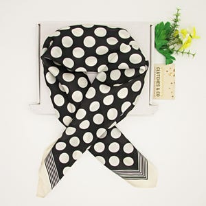 Ladies Neck Scarf, Black and Beige Large Polka Dots Scarf, Hair Scarf, 70 x 70 cm Scarf, Silky Satin Scarf, Women&#39;s Scarf, Ladies Gifts