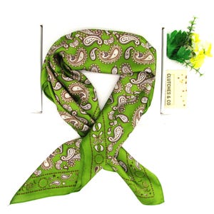 Ladies Neck Scarf, Paisley Designs Ladies Scarf, Hair Scarf, 70 x 70 cm Scarf, Silky Satin Scarf, Women's Scarf, Olive Colour Scarf