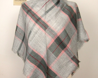 Light Grey and Pink Plaid Scarf, Winter Scarf, Large Triangle Plaid Scarf, Plaid Shawl, Wool Scarf, Women's Scarf, Ladies Gifts